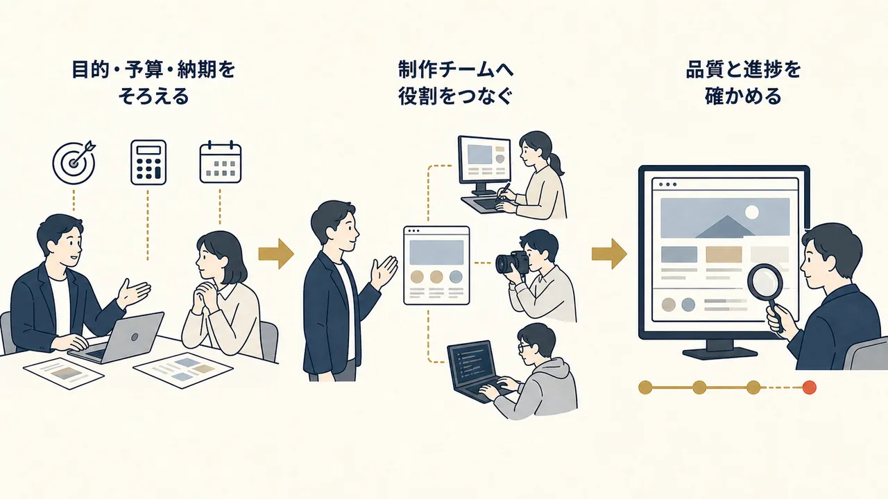 依頼条件をそろえ、制作チームへ役割をつなぎ、品質と進捗を確かめる流れ