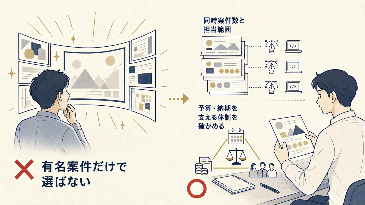 有名案件だけで選ぶ場合と、案件数・担当範囲・支援体制を確かめる場合の対比