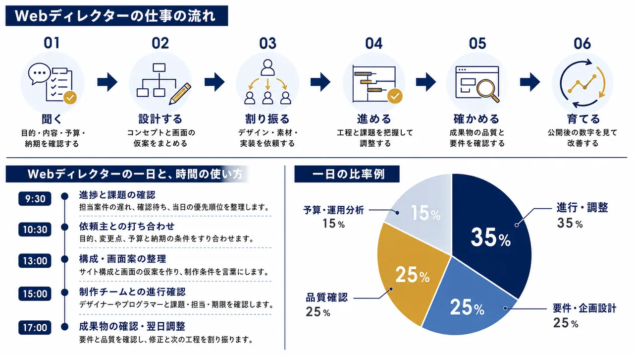 Webディレクターが行う要件整理、設計、割り振り、進行、品質確認、改善の流れ