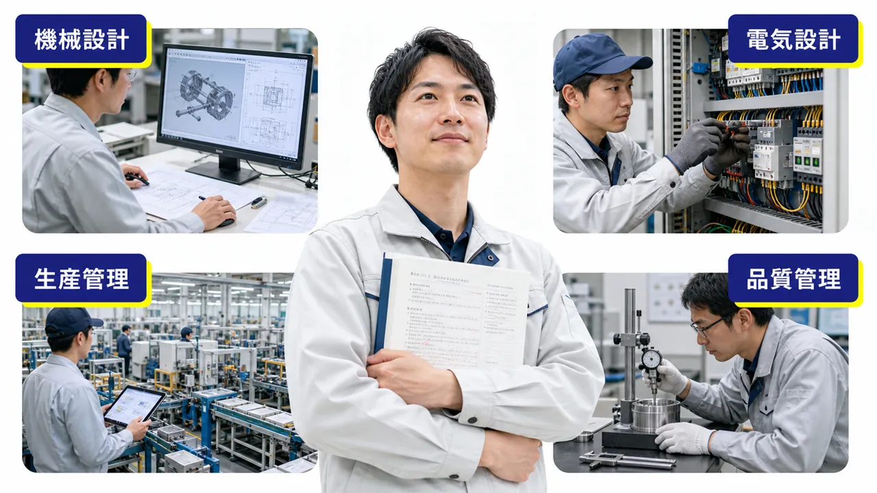 学びから機械設計・電気設計・生産管理・品質管理へ広がる構図