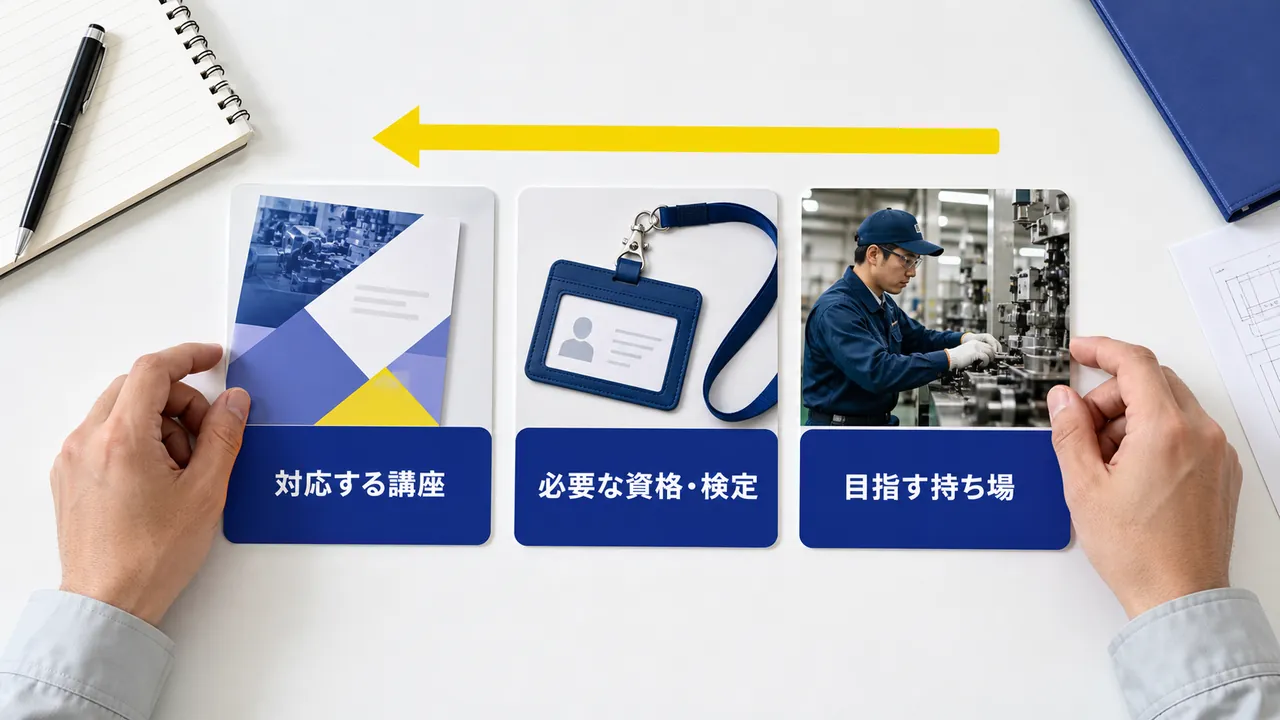 持ち場から資格、講座へと逆算して選ぶ手順の図