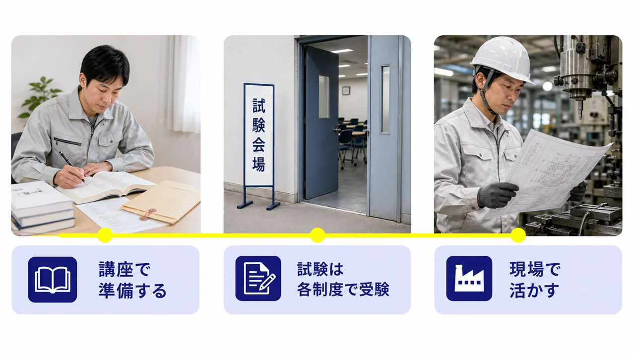講座での準備から受験、現場での活用までの3段の道筋