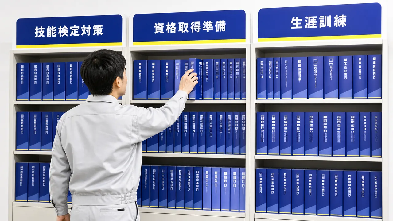 技能検定対策・資格取得準備・生涯訓練の3つの棚から講座を選ぶ構図