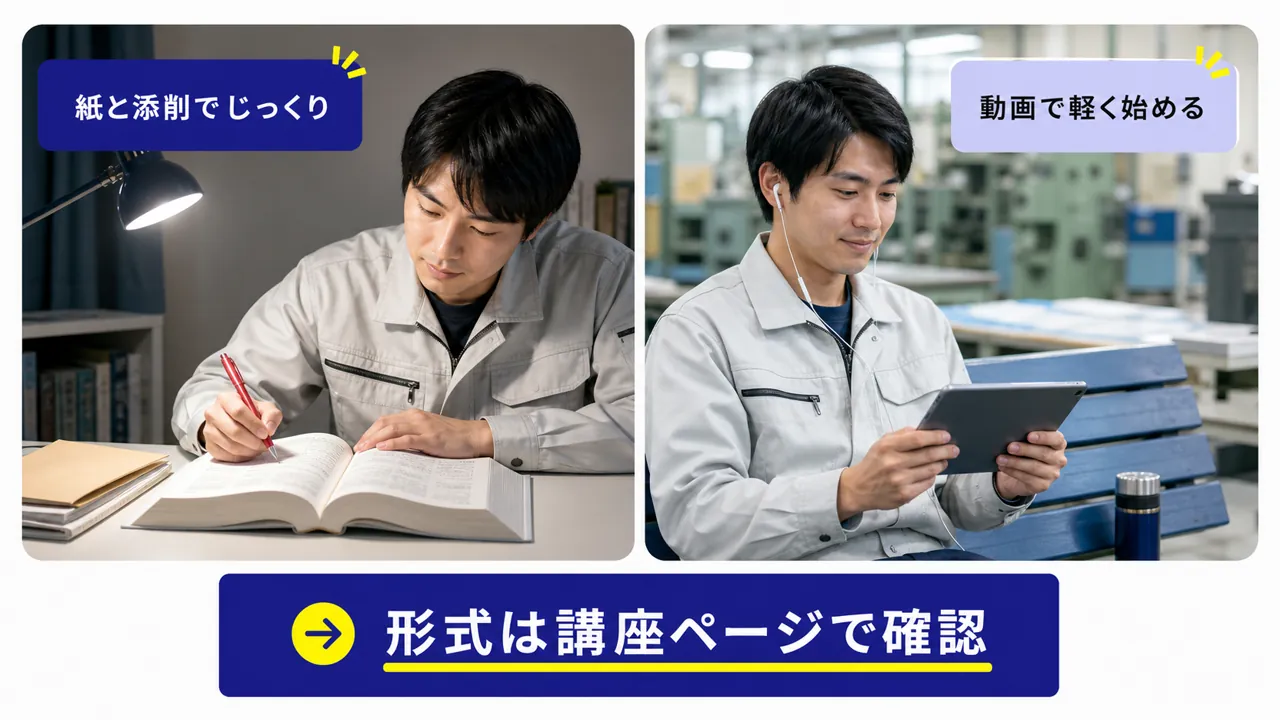紙テキストと添削でじっくり学ぶ形式と動画で軽く始める形式の対比