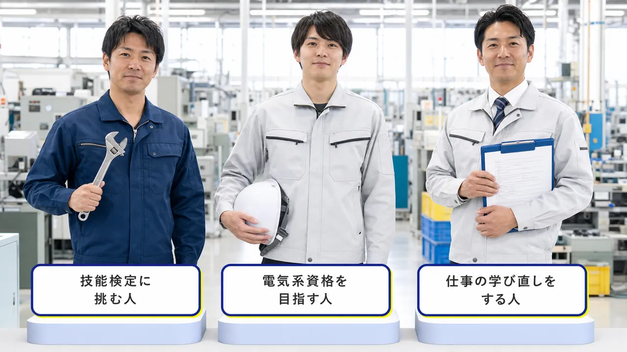 技能検定・電気系資格・学び直しに挑む3人の働き手