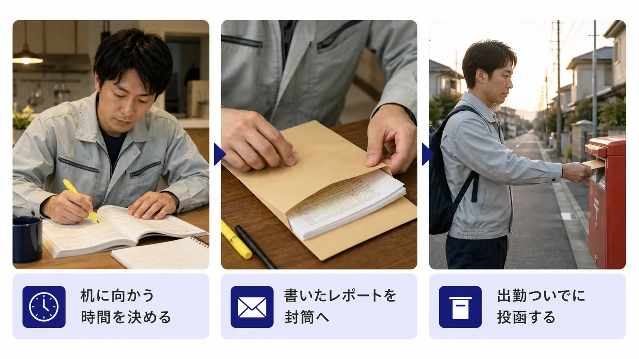 机での学習からレポート投函までの一週間のリズム