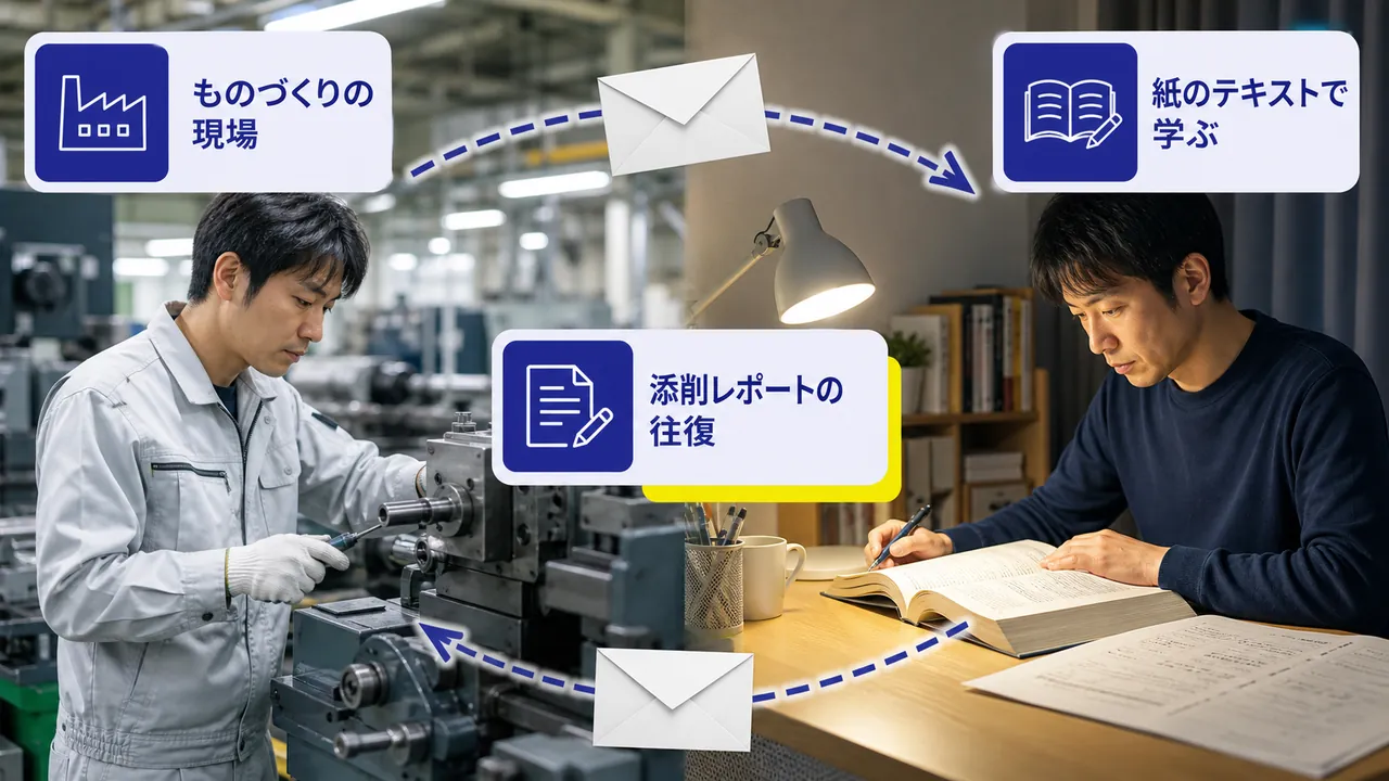 工場の現場と自宅の学習机を添削レポートがつなぐ構図