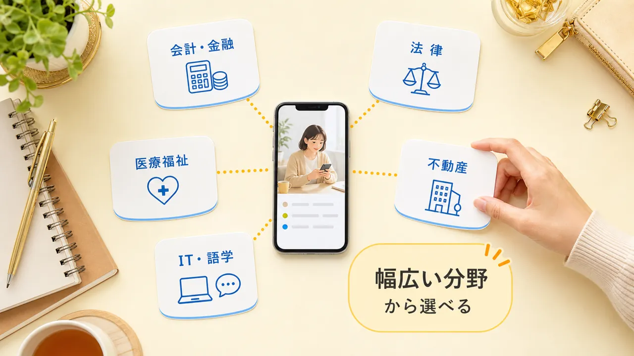 中央のスマホから会計・法律・不動産・医療福祉などの分野カードが放射状に広がる構図