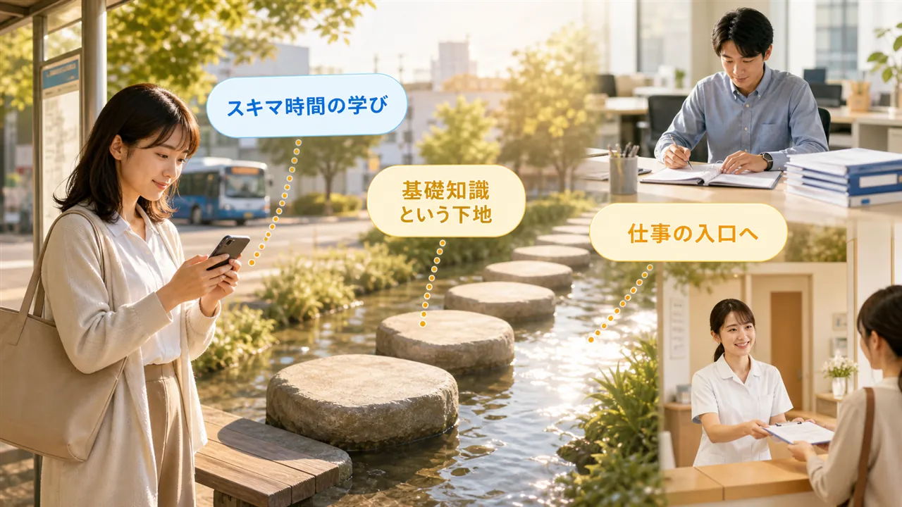 バス停でのスマホ学習から、飛び石を渡って職場の風景へつながる構図
