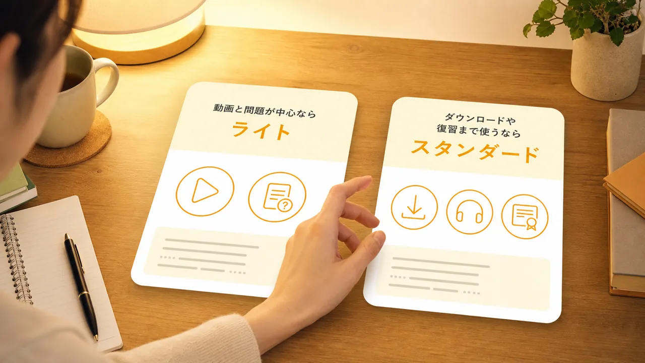 動画中心のカードとダウンロード機能つきカードを見比べる手元