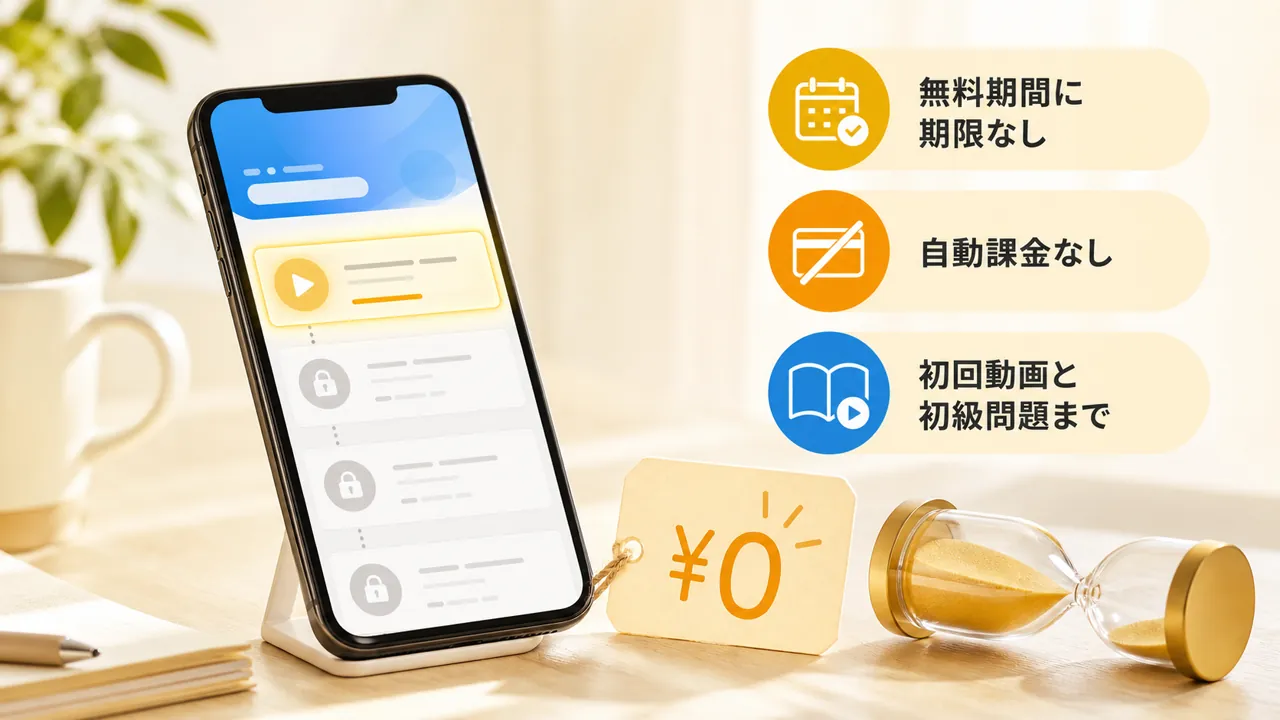 最初のレッスンだけ開いたスマホ画面と、横に倒れた砂時計