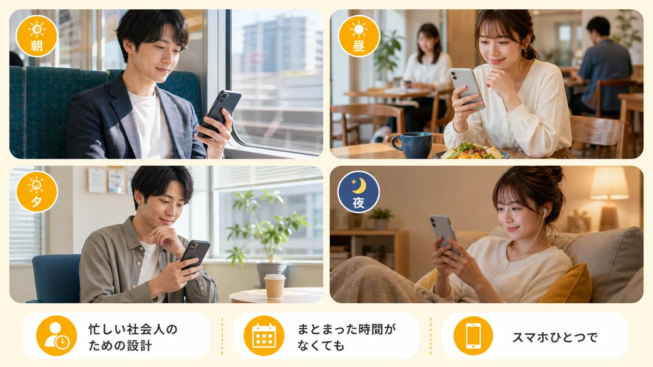 朝の電車・昼のカフェ・夕方の休憩・夜のソファでスマホ学習する4場面