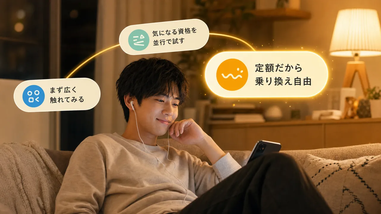 就寝前のソファで音声学習しながら、浮かぶ分野チップから1つを選ぶ構図