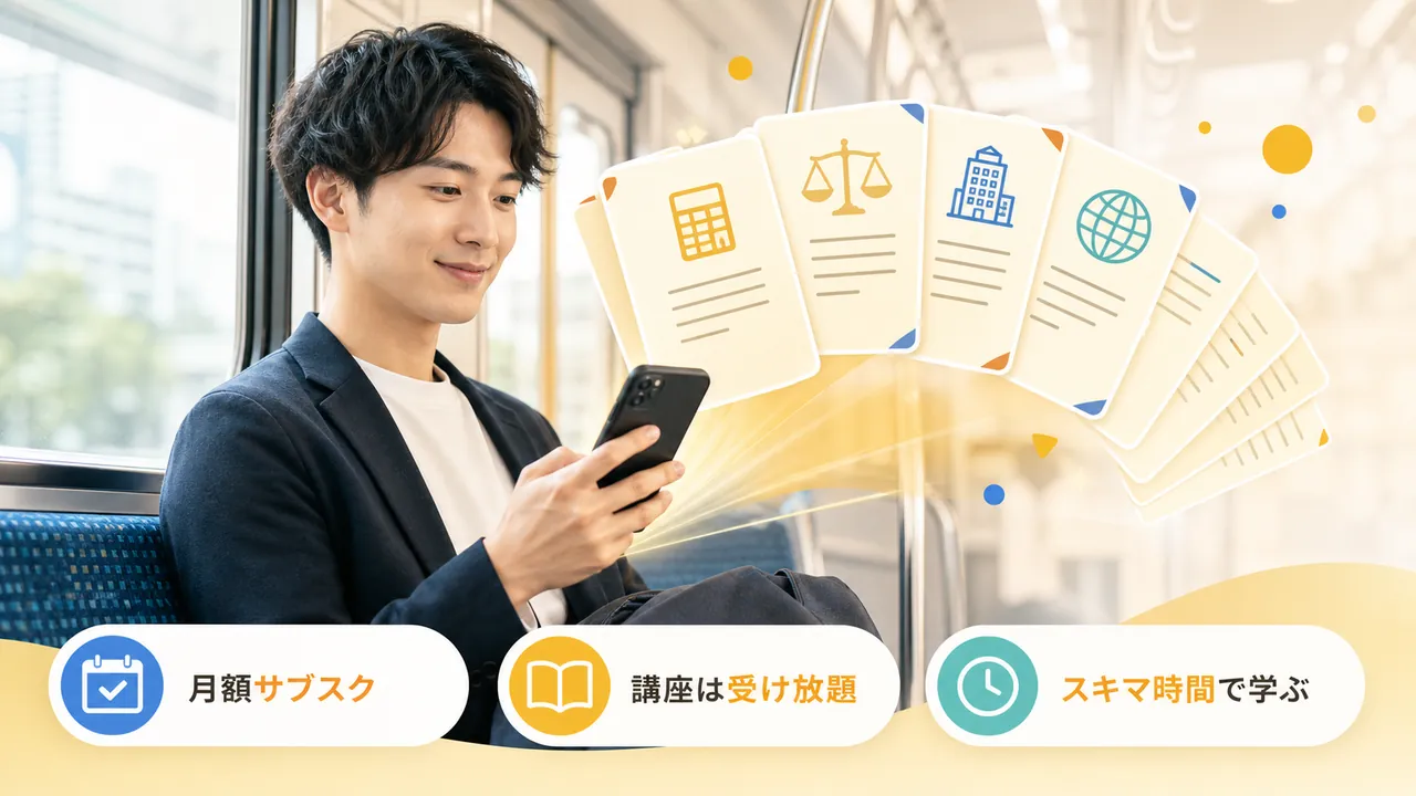 通勤電車でスマホ学習する会社員と、扇状に広がる受け放題の講座カード