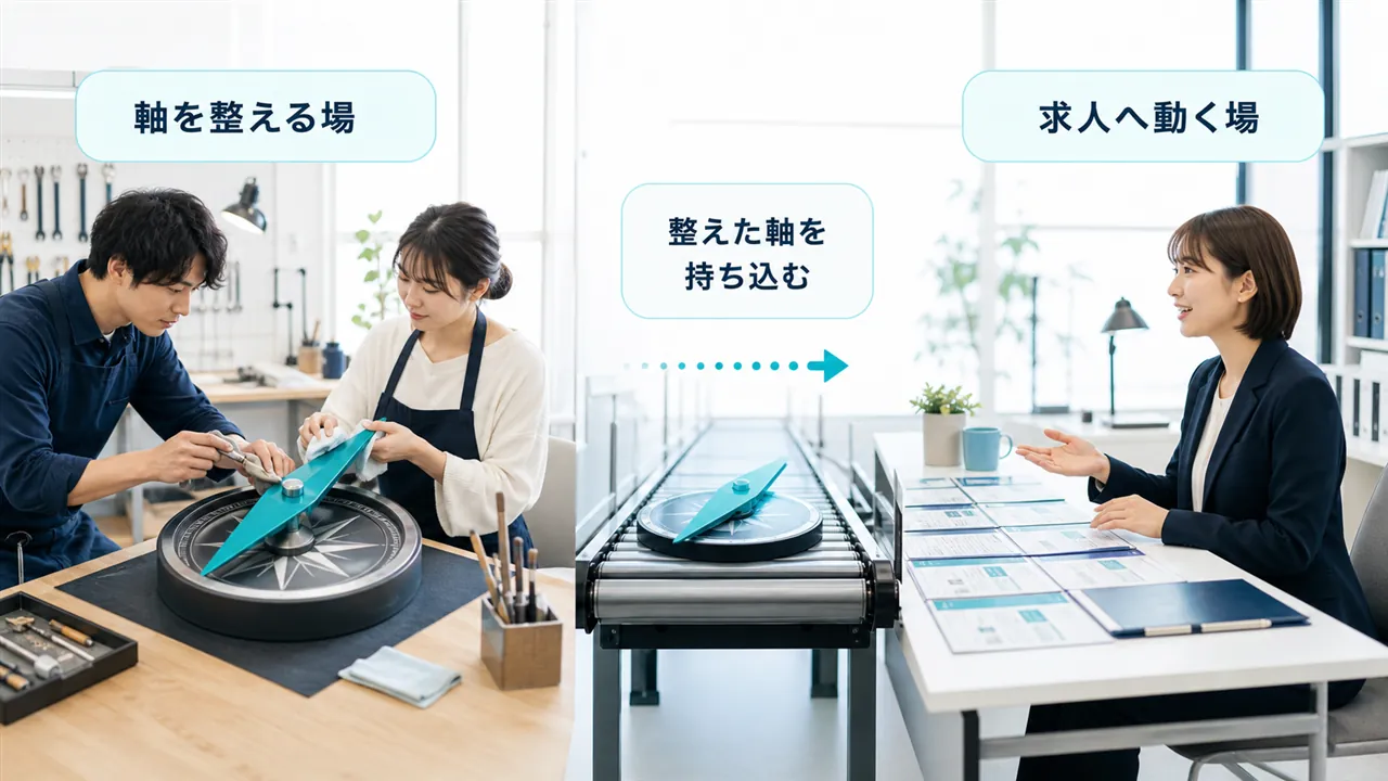 軸を整える工房から求人へ動く場へ受け渡す構図