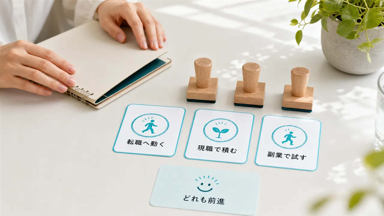 転職・現職残留・副業のどの結論も前進として並ぶ構図