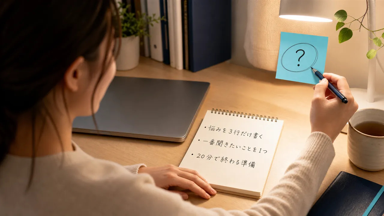 悩みの3行メモと聞きたいこと1つを書く夜の机