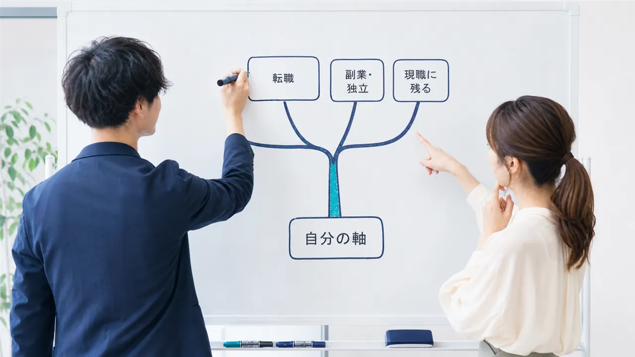 自分の軸を幹に転職・副業・現職残留へ枝分かれする図を描く様子