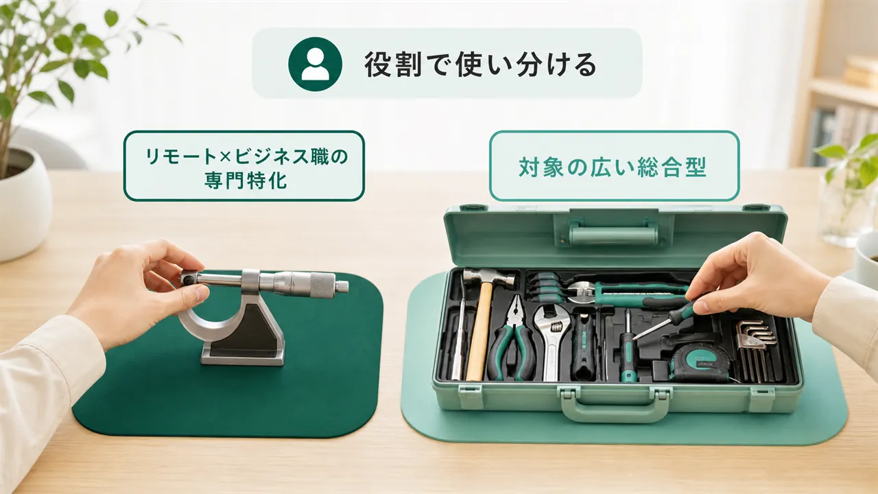 専門特化の道具と総合型の道具箱を役割で使い分ける構図