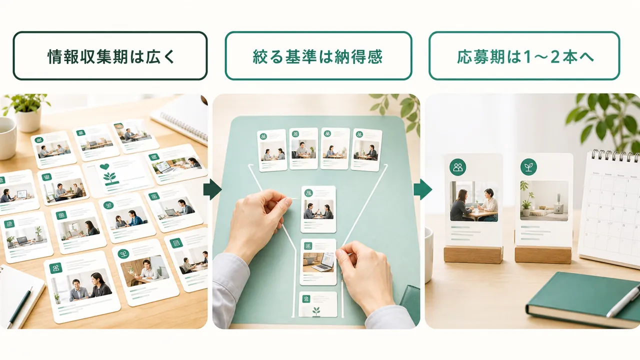 広げた選択肢を応募期に1〜2本へ絞る構図