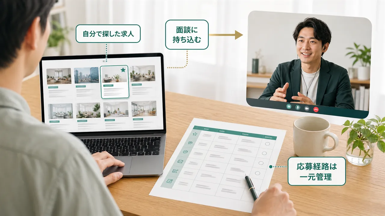 自分で見つけた求人を面談に持ち込み経路を一元管理する構図