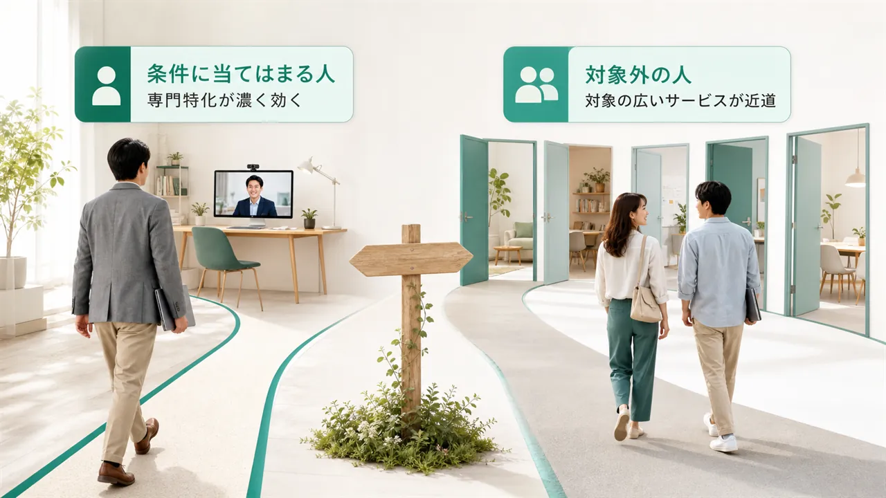 条件に当てはまる人と対象の広いサービスへ進む人の分岐