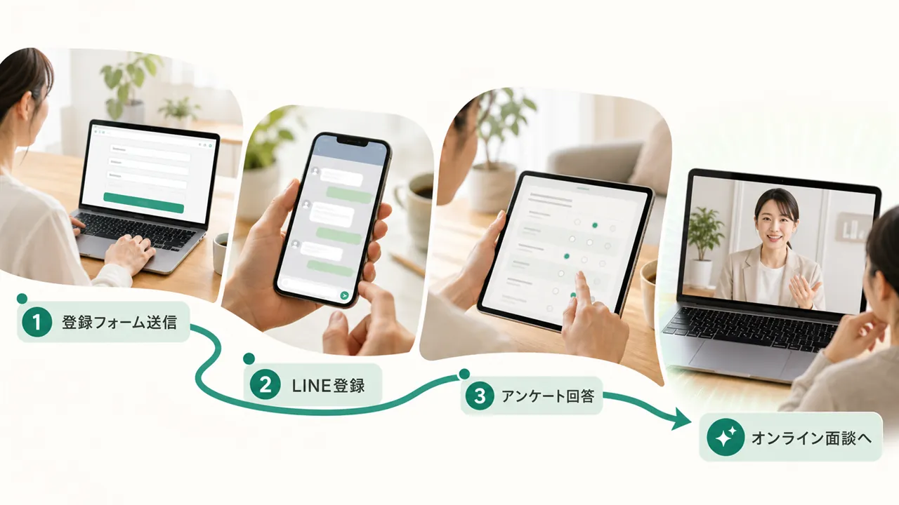 登録フォーム・LINE登録・アンケートからオンライン面談へ進む流れ
