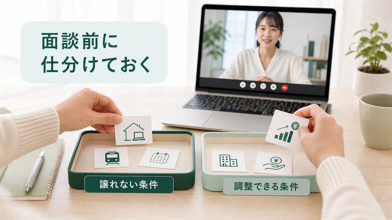 譲れない条件と調整できる条件を2つのトレーに仕分ける構図
