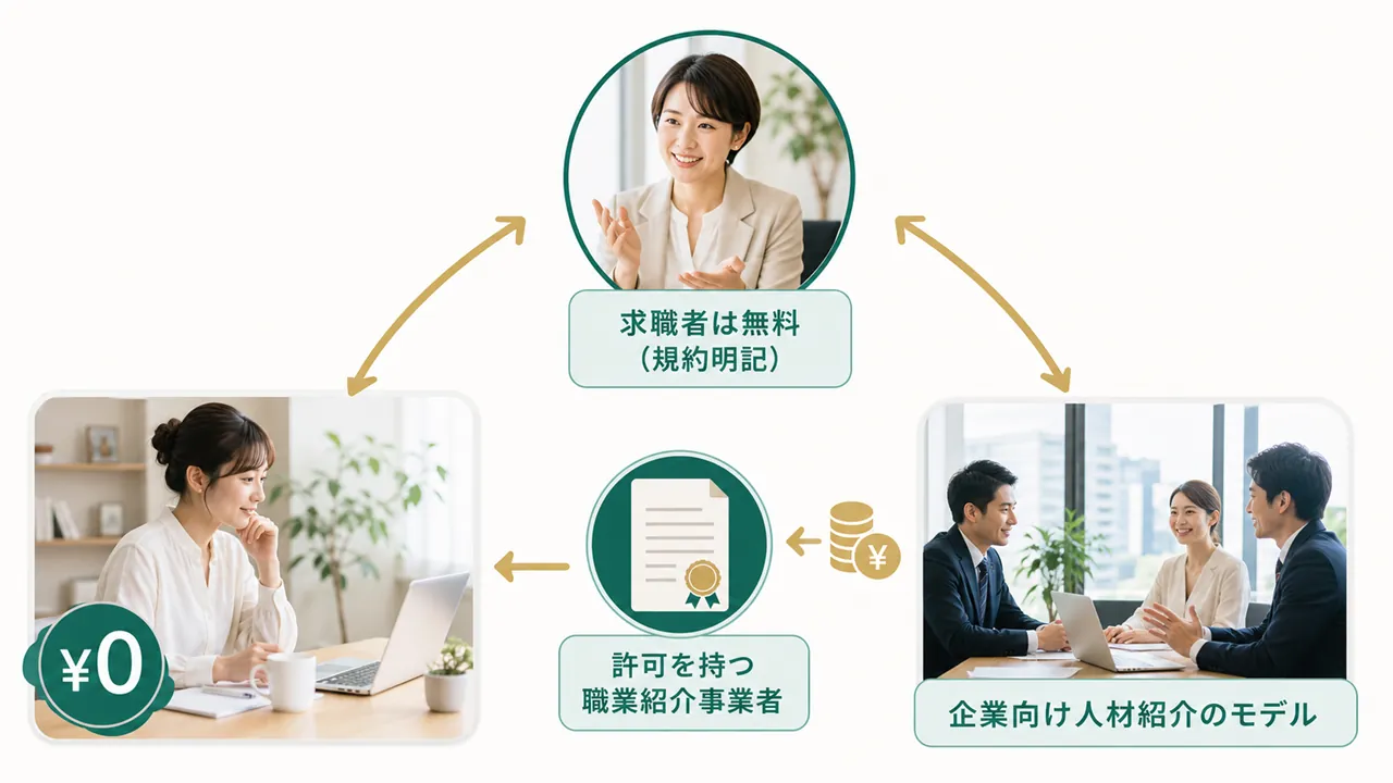 求職者は無料で、企業向け人材紹介のモデルで運営される三角構図