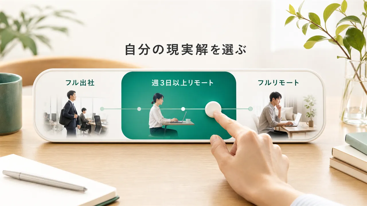 フル出社からフルリモートまでのダイヤルで希望の点を選ぶ構図
