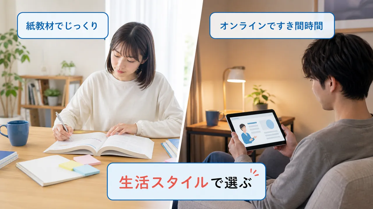 紙教材でじっくり学ぶ場面とオンラインですき間時間に学ぶ場面の対比