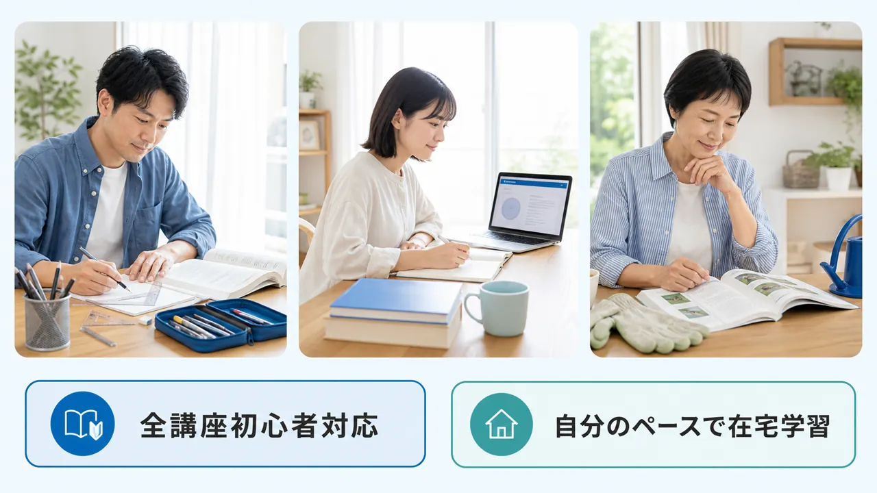 年代も目的も異なる人が自宅で学ぶ様子