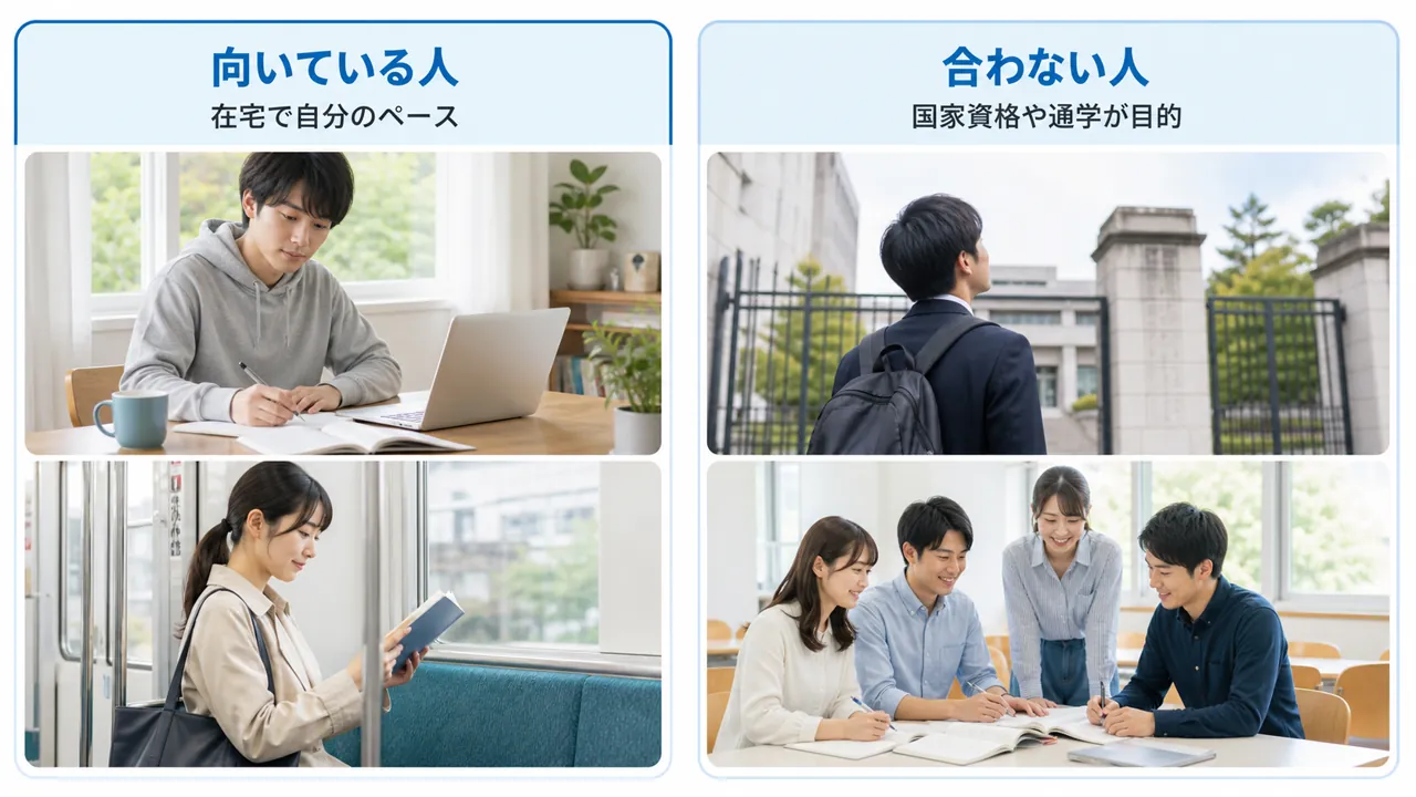 在宅で自分のペースで学びたい人と国家資格や通学を求める人の対比