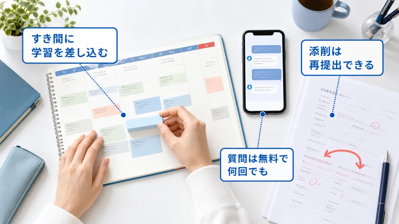 生活の合間に学習を差し込み質問と添削で支えられる構図
