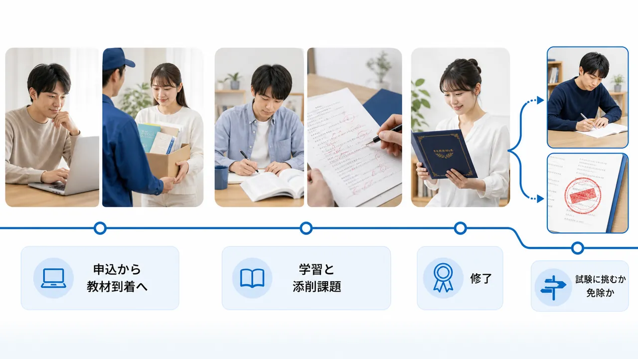 申込から学習・添削を経て試験または免除へ進む流れ