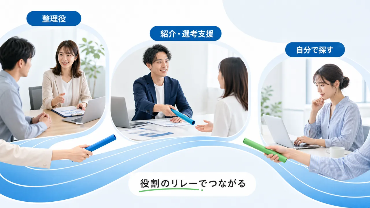 整理役からエージェント・求人サイトへつながるリレー構図