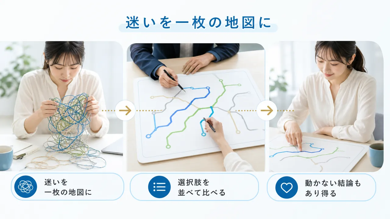 迷いを地図のように整理して選択肢を比べる様子