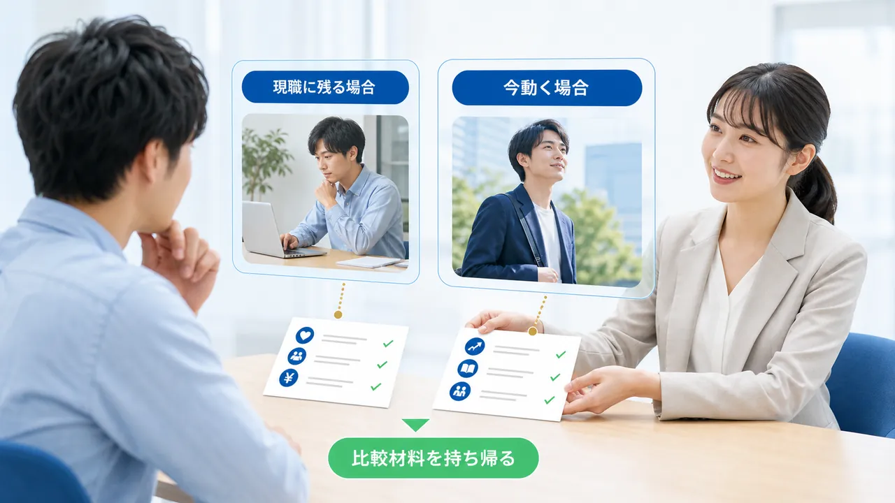 現職に残る場合と動く場合を並べて比較する面談