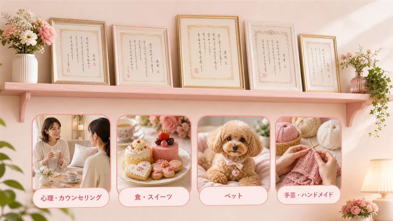認定証の棚と心理・食・ペット・手芸の生活シーンが並ぶ構図