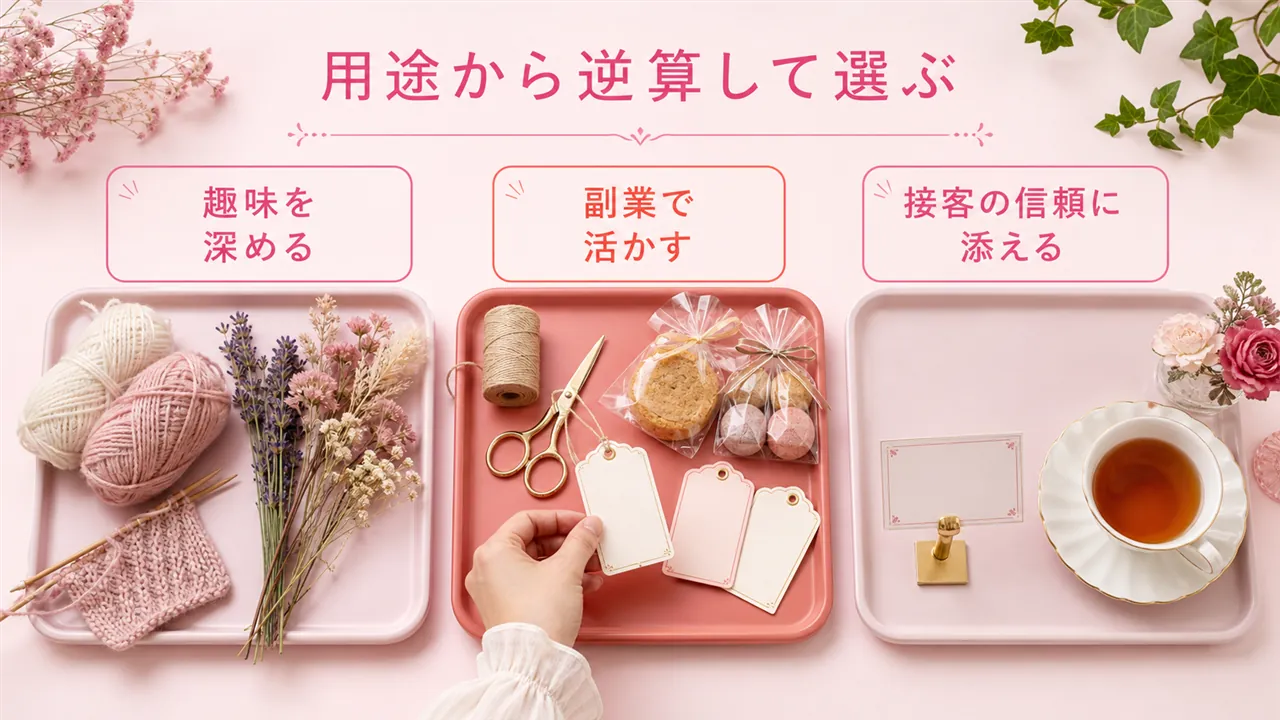 趣味・副業・接客の3つの用途トレイから1つに手を伸ばす構図