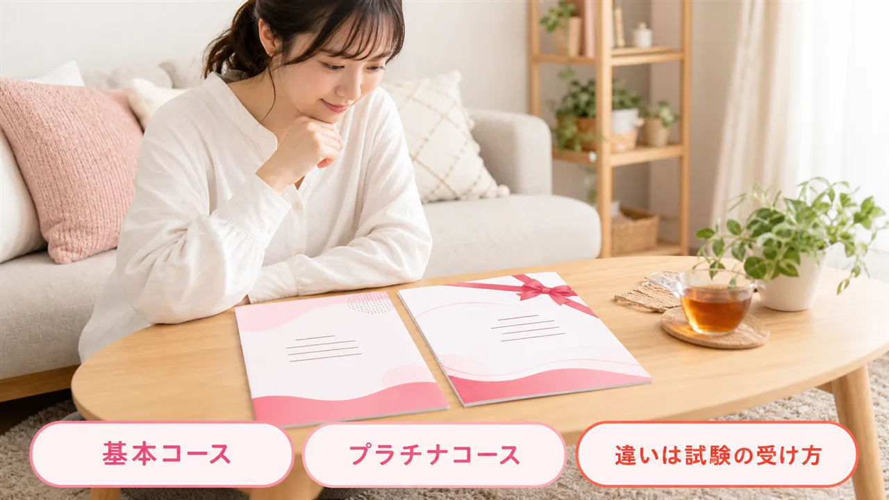 リビングの低いテーブルで基本コースとプラチナコースの案内を見比べる様子