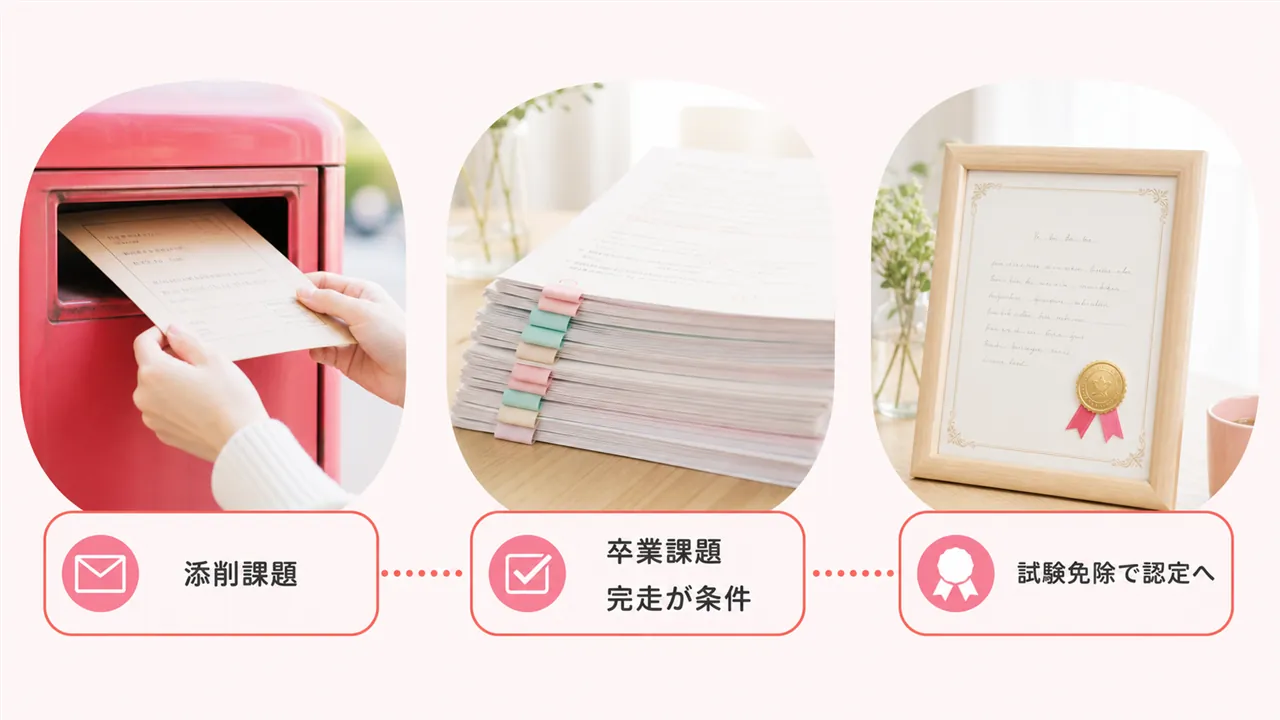 添削課題と卒業課題を出し切って試験免除の認定へ進む流れ