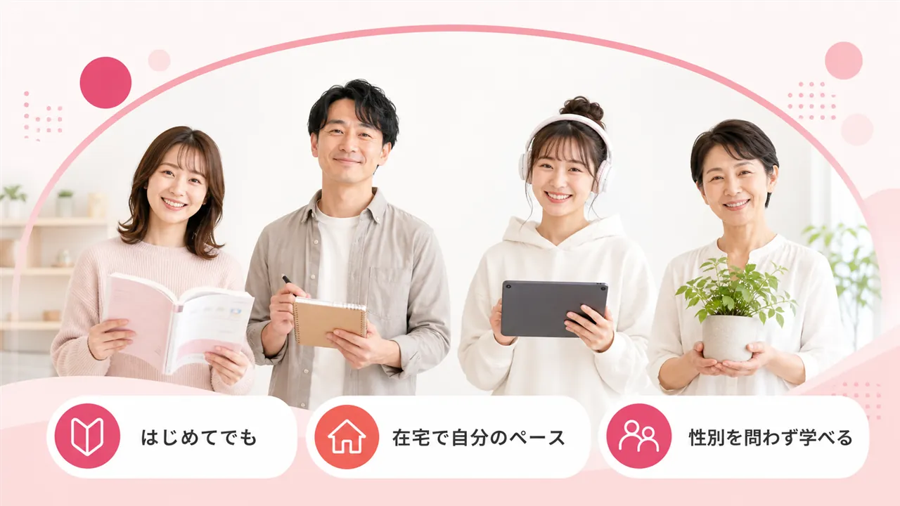 年齢や性別の異なる初心者の学び手が並ぶ構図