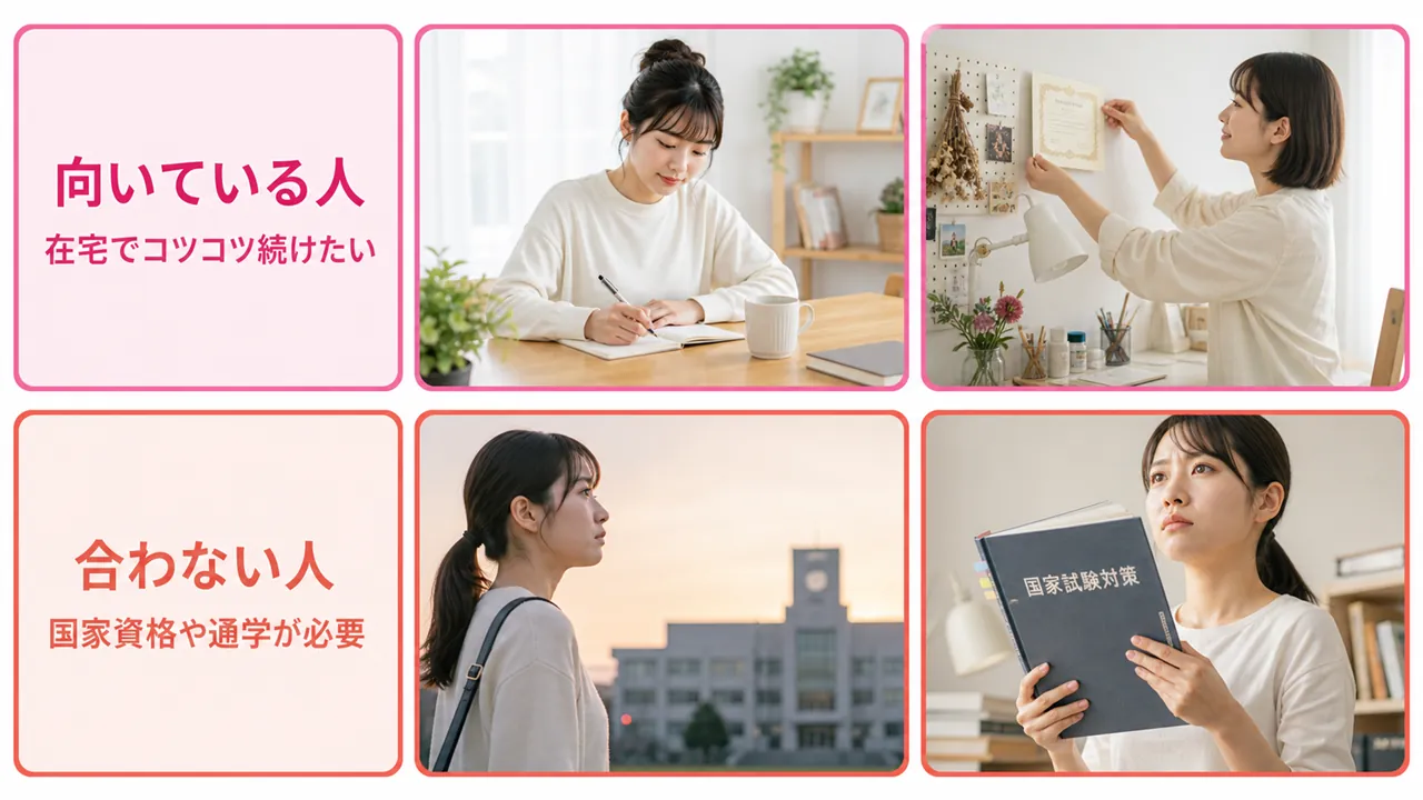 在宅でコツコツ学びたい人と国家資格や通学が必要な人の対比