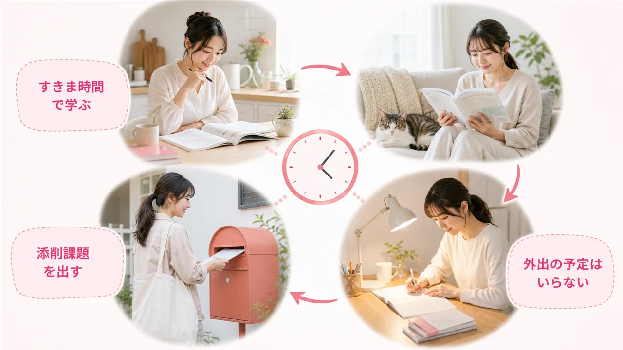 朝・昼・夜のすきま時間で学び、課題を投函する生活の輪