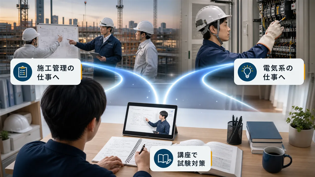 学習机から施工管理と電気系の仕事へ2本の道が伸びる構図