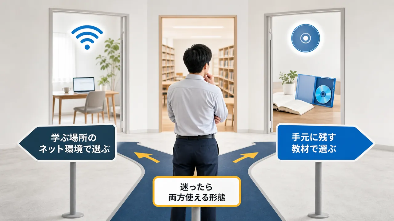 ネット環境と教材の形の2軸で受講形態を選ぶ分岐の構図