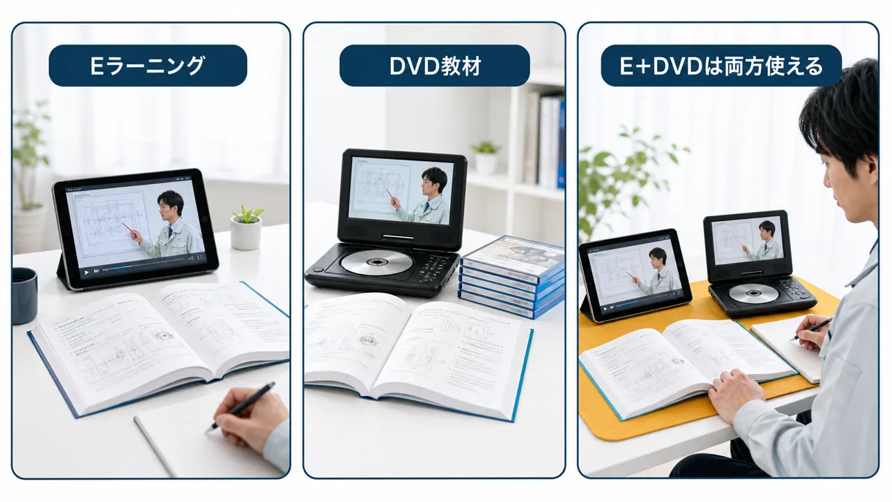 Eラーニング・DVD・E＋DVDの3形態を並べて比べる構図