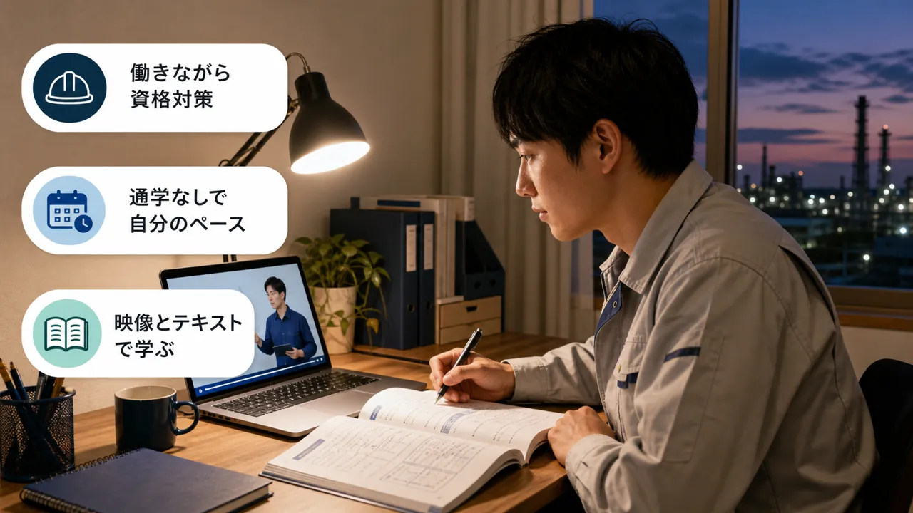 仕事帰りに自宅で映像講義と過去問テキストを併用して学ぶ技術者