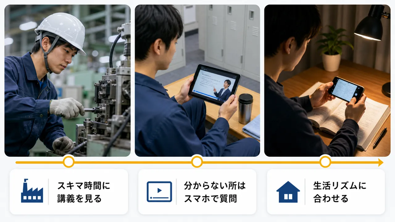 勤務・休憩・帰宅後の一日の中に学習を差し込む3コマの構図
